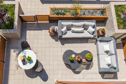 arial view of a patio with couches and tables