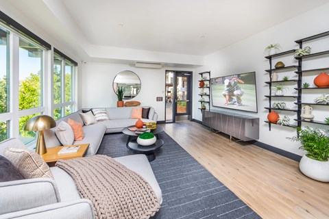 a living room with a white couch and a tv