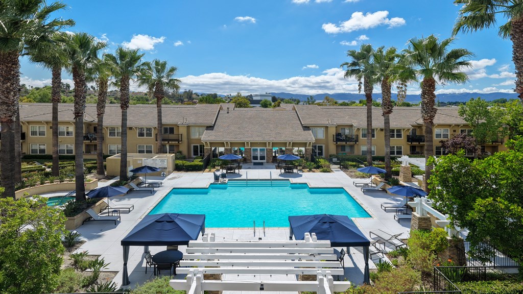 Pool and building view at 55+ FountainGlen Temecula, California, 92591