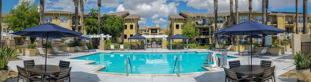 Panoramic view of pool area at 55+ FountainGlen Temecula, Temecula, California