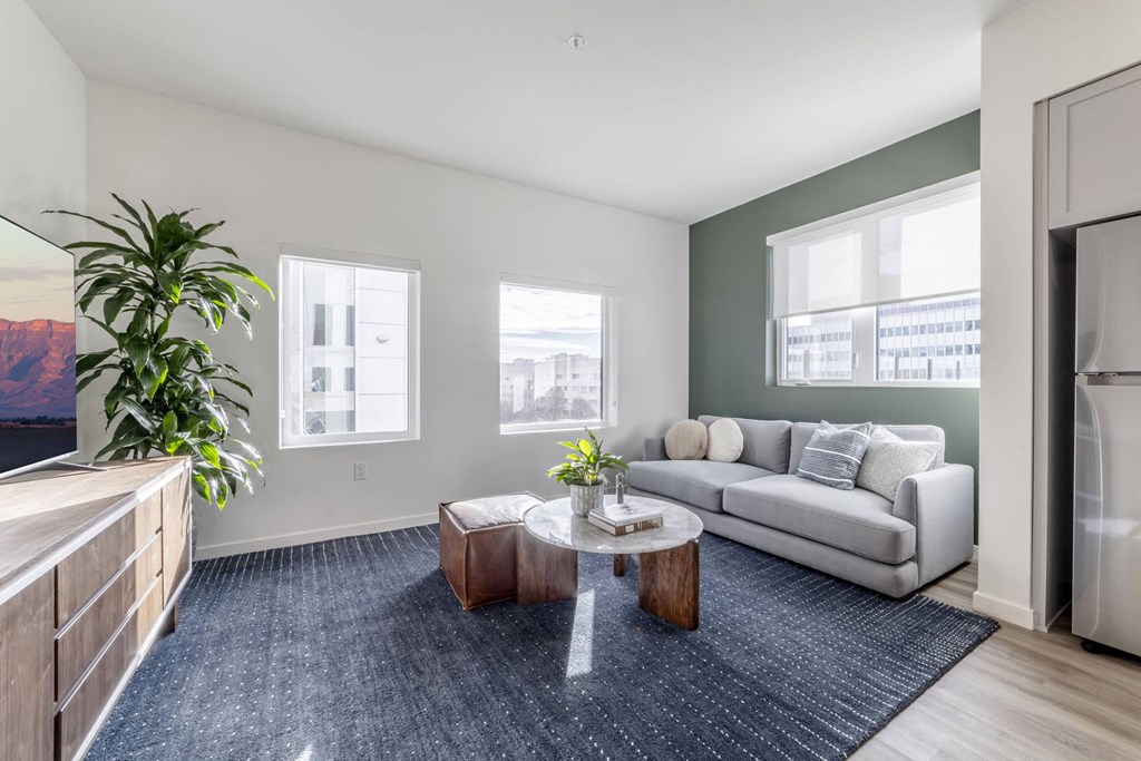 Living room with carpet, couch and windows