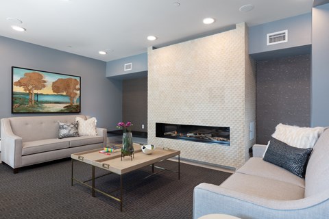 a living room with two couches and a fireplace