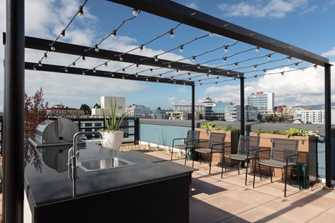 a rooftop patio with a sink and a city in the background