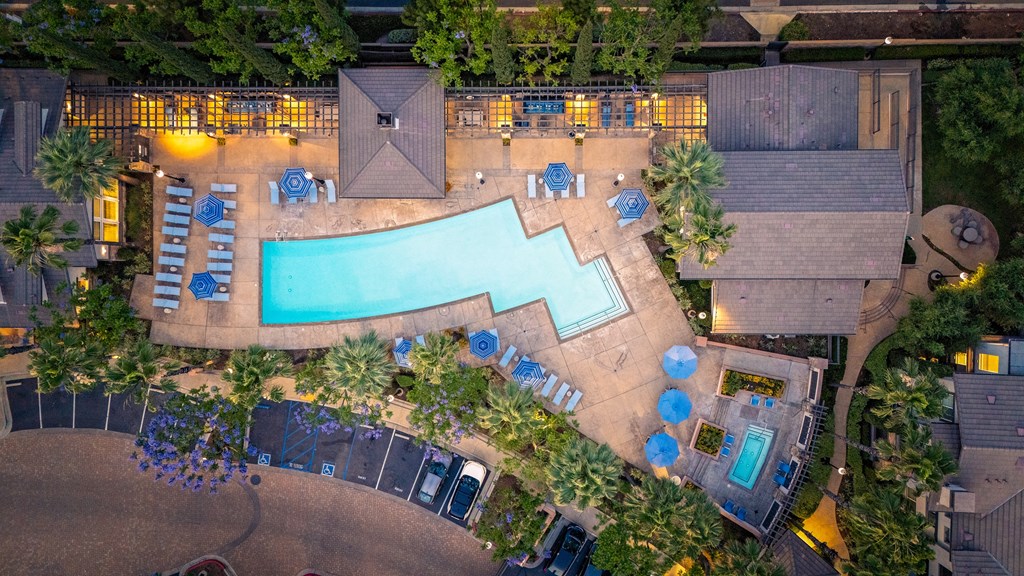 Aerial view of Pool at The Grove Apartments, Ontario