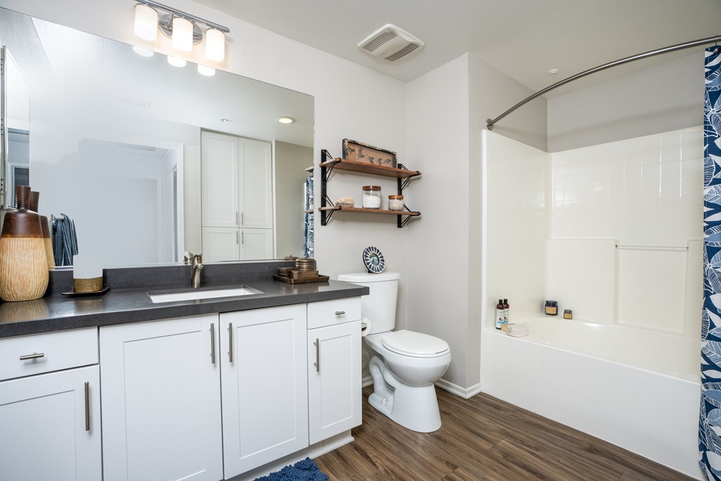 White bathroom at The Grove Apartments, Ontario, 91761