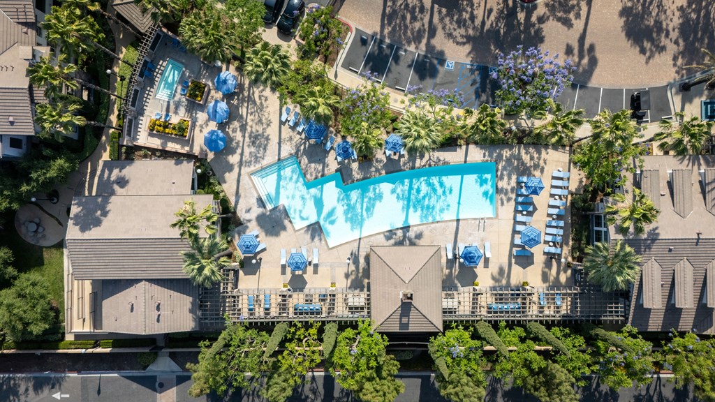 Aerial view of pool at The Grove Apartments, Ontario, California