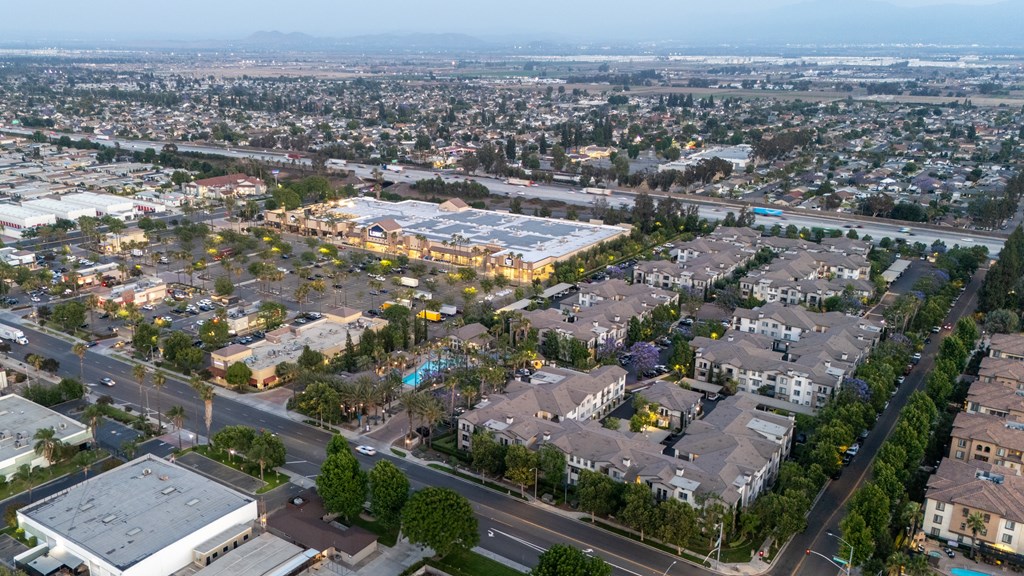 Cityscape with buildings and roads taken from an aerial perspective at The Grove Apartments, Ontario