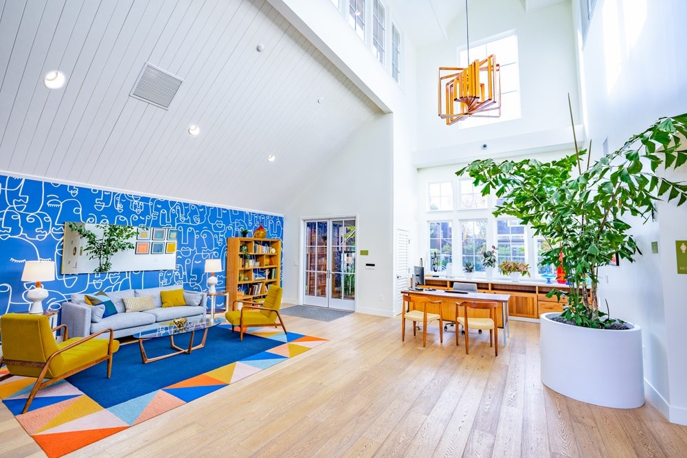 A living room with a blue wallpaper and a white ceiling.