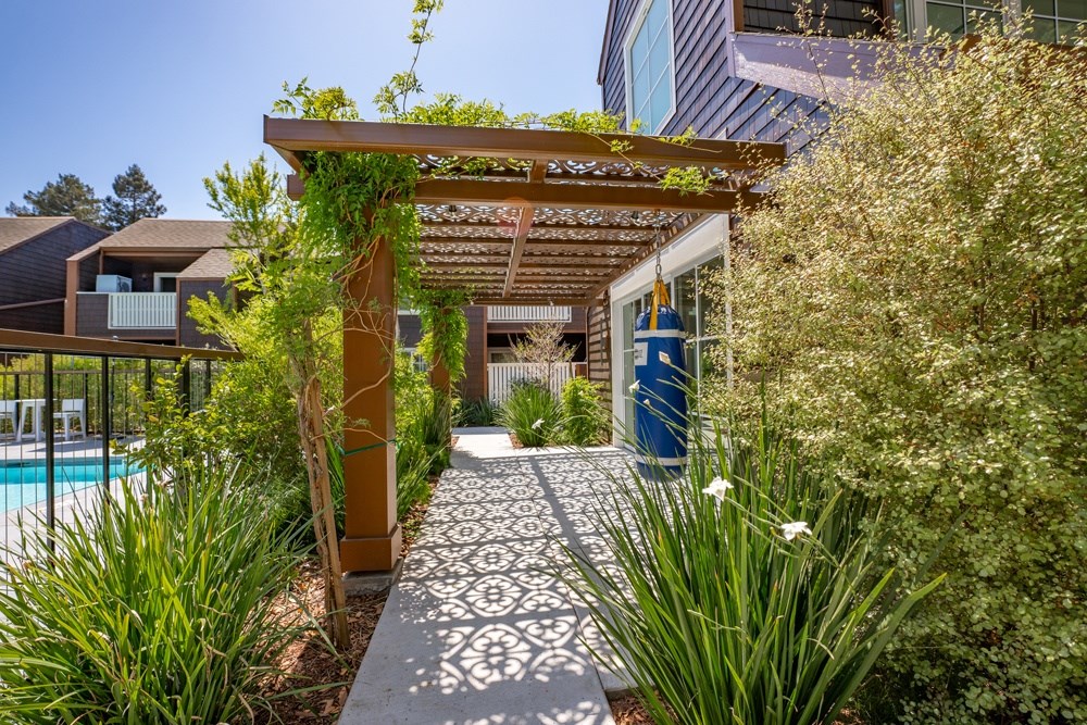 A garden pathway leads to a house with a pool.