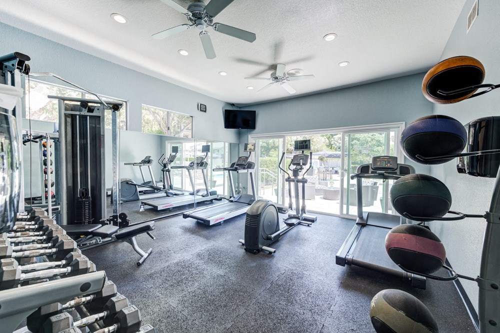 a gym with cardio machines and weights and a ceiling fan at Harbor Pointe, California
