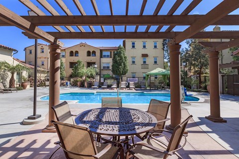 a patio with a table and chairs next to a swimming pool