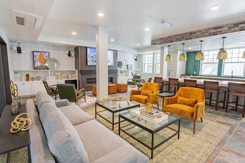resident kitchen with lounge seating at Bayswater Apartments, California