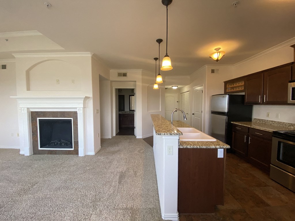 Classic Unit - kitchen with living room fireplace