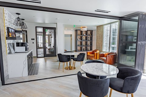 furnished leasing lobby and resident lounge at Bayswater Apartments, Burlingame, 94010