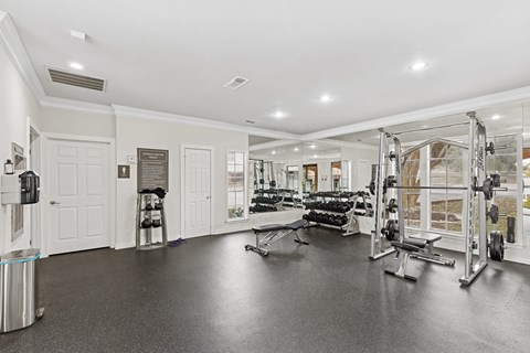 A spacious gym with a variety of equipment.