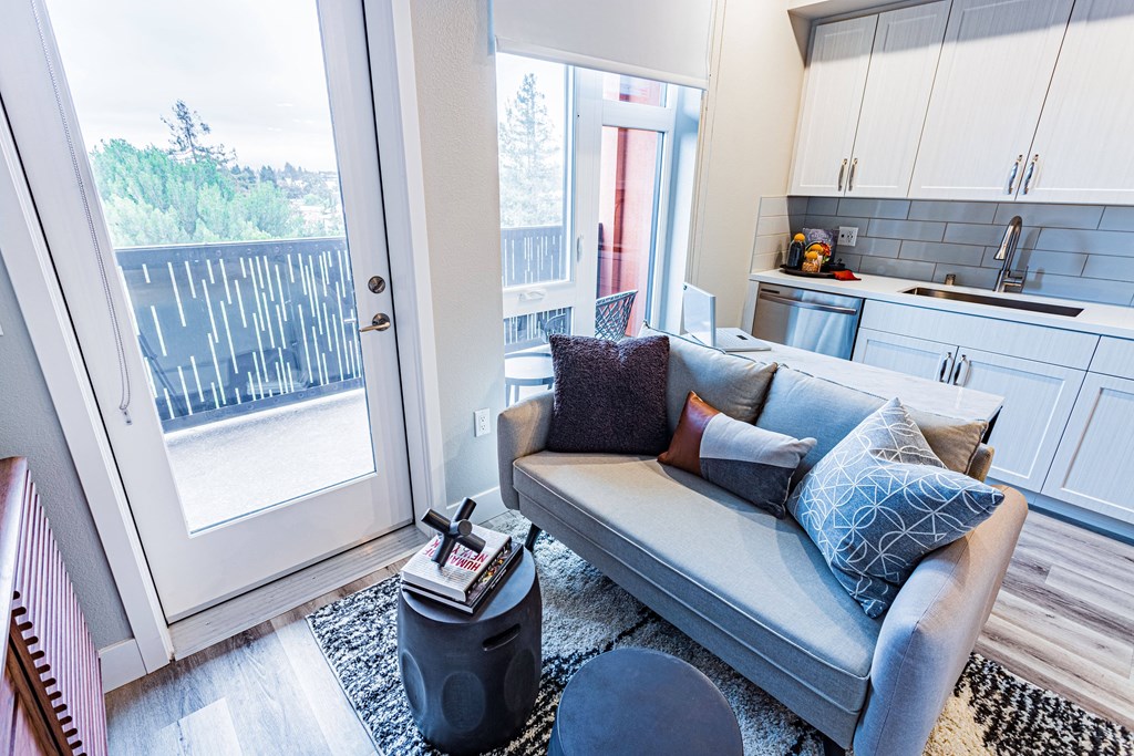 living room of studio with couch, glass door to balcony and kitchen with white cabinets