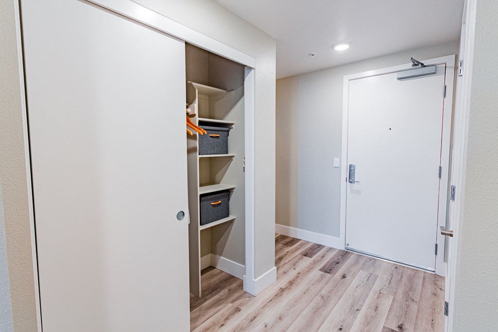 Closet in hallway with wood flooring