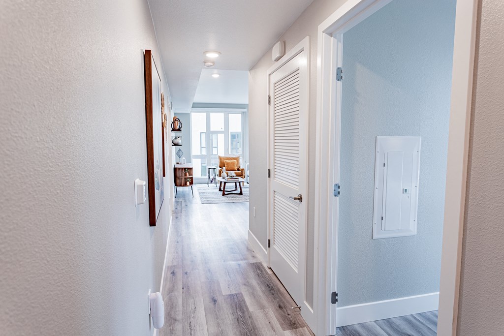 Hallway with light grey walls and wood flooring