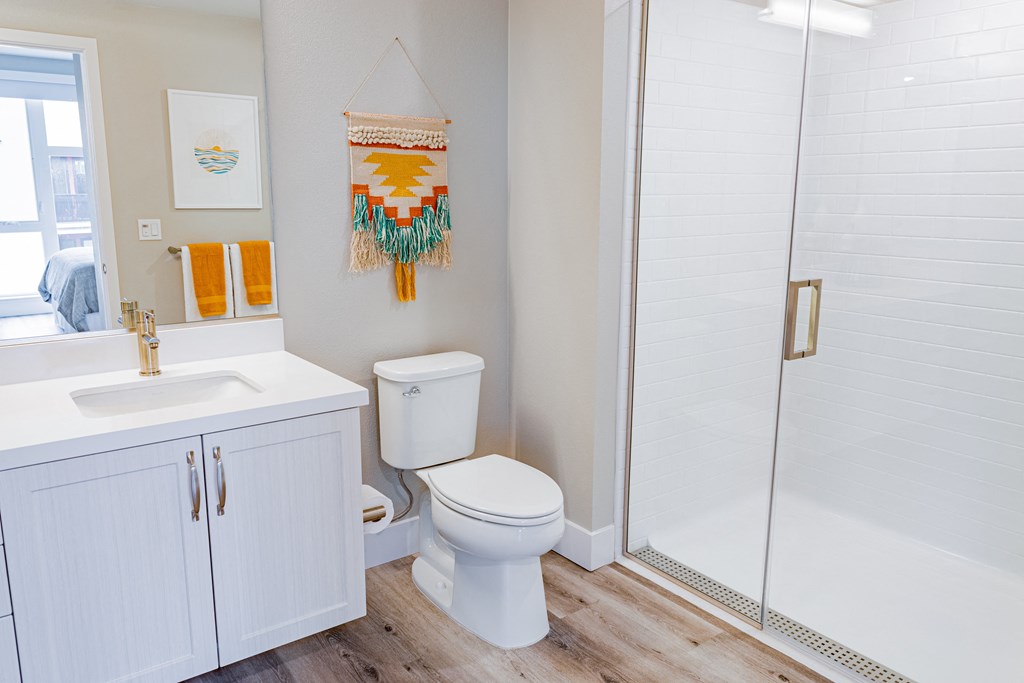 bathroom with glass shower door, toilet and white vanity.
