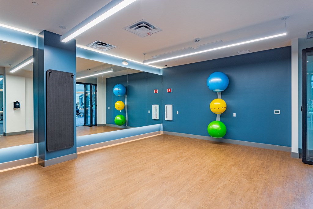 Gym with exercise balls and mirror on wall