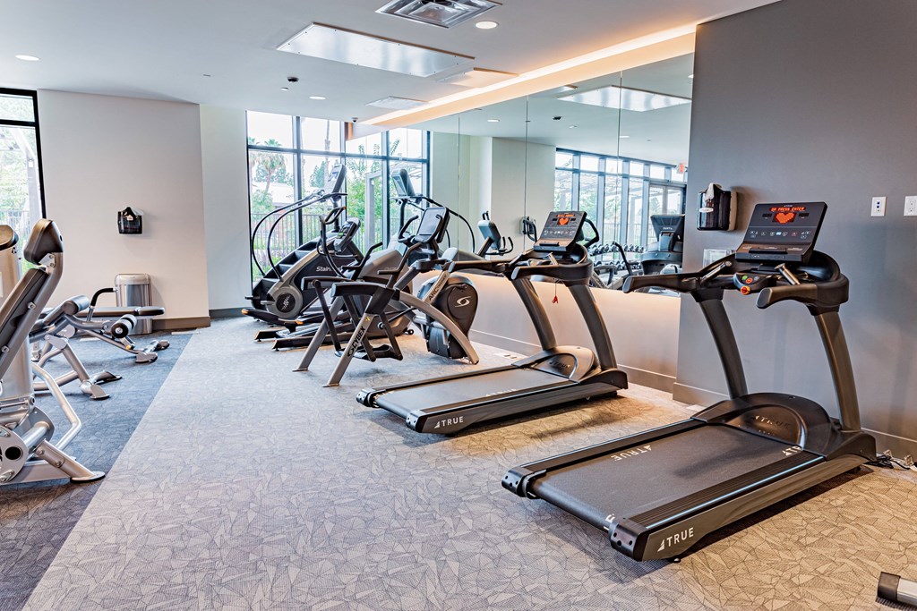 Gym with treadmill and various cardio machines.