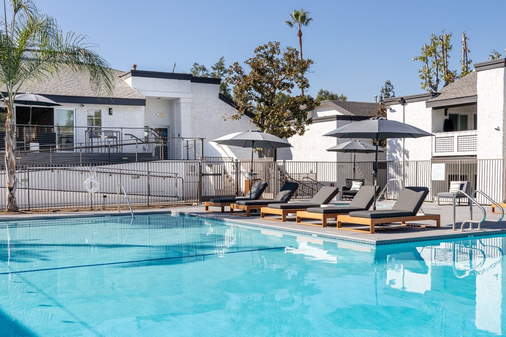 A pool with chairs and umbrellas in front of a white house at Verandas Apartments, California, 91791