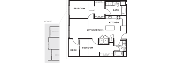 A floor plan of a house with labeled rooms such as Bedroom, Bath, Kitchen, Living/Dining, and Deck.
