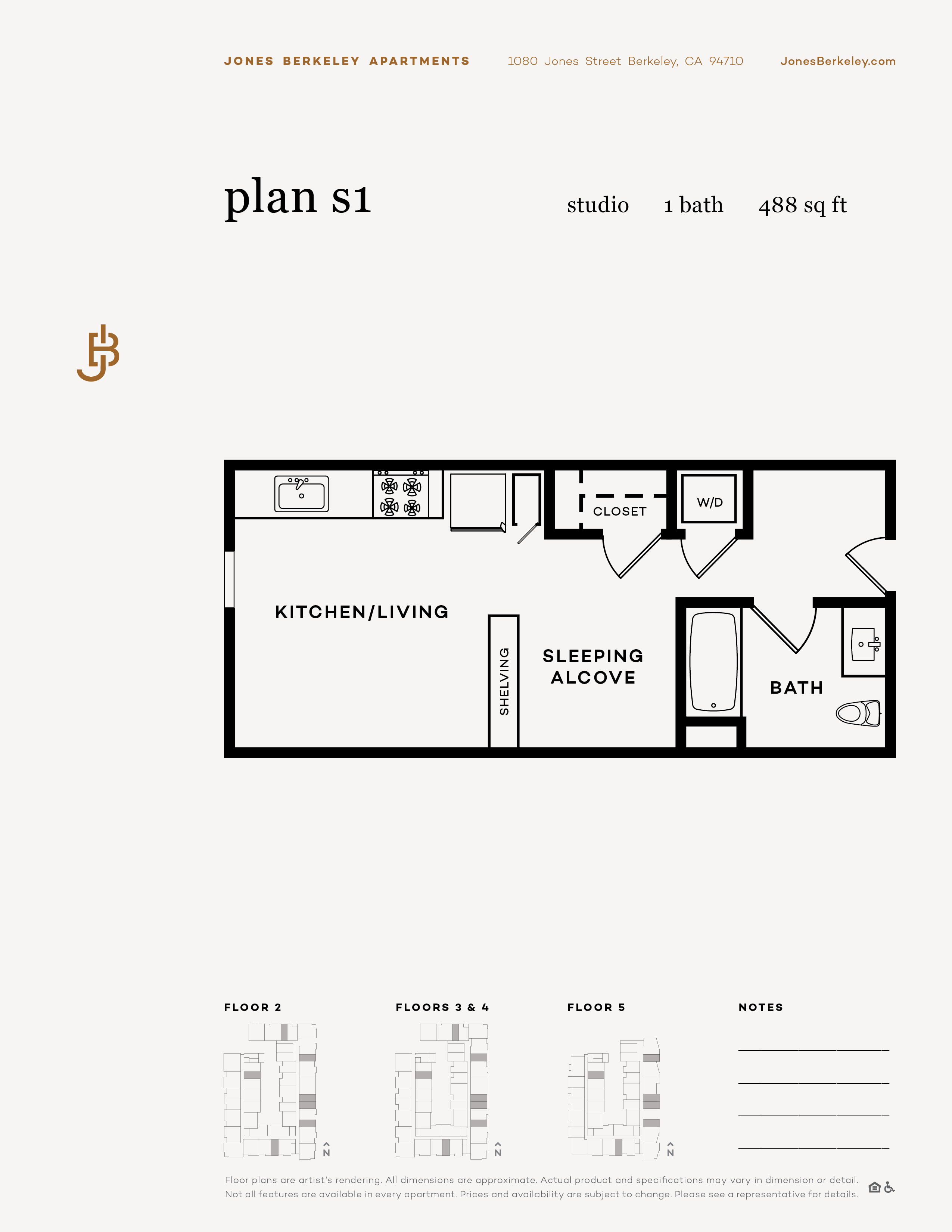 A floor plan for a studio apartment with a kitchen, living room, sleeping alcove, and bathroom.