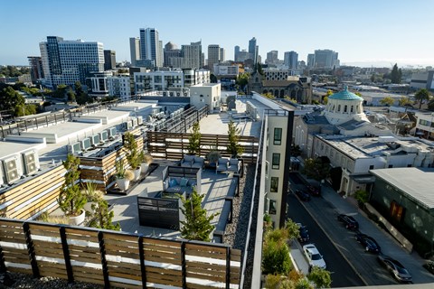 a view of the city from the roof of a building