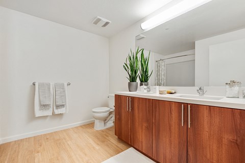 Pet-Friendly Apartments In San Jose, CA - Upgraded Bathroom With Wood-Style Flooring, Shower With Tub, Toilet, Dual Sink, Two Tone Cabinetry, And Large Mirror.