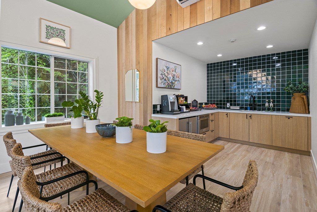 clubroom with dining table and coffee station at Lakemont Orchard, Washington, 98027