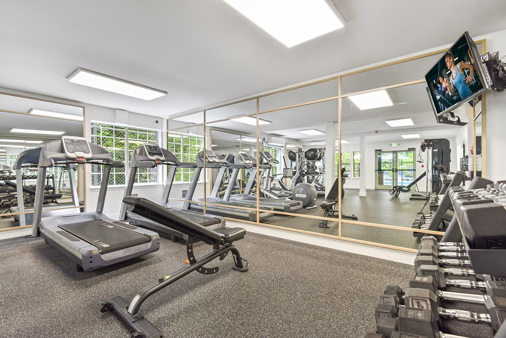 a gym with cardio machines and weights and a flat screen tv at Lakemont Orchard, Issaquah, WA
