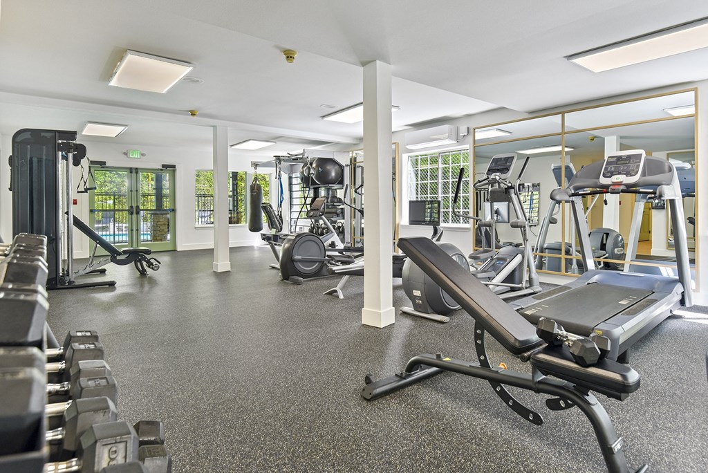 a gym with cardio equipment and weights at Lakemont Orchard, Issaquah