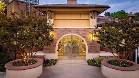 A house with a lit up entrance and a small tree in a planter.