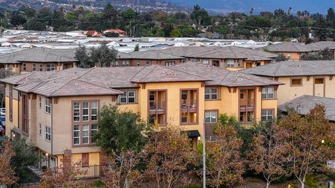 Apartment complex with brown roofs and trees in front.