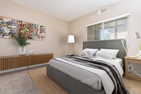 a bedroom with a bed and a window