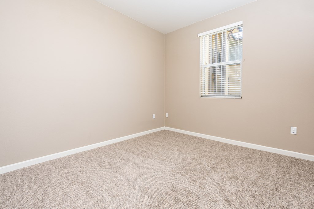 a bedroom with beige carpet and a window