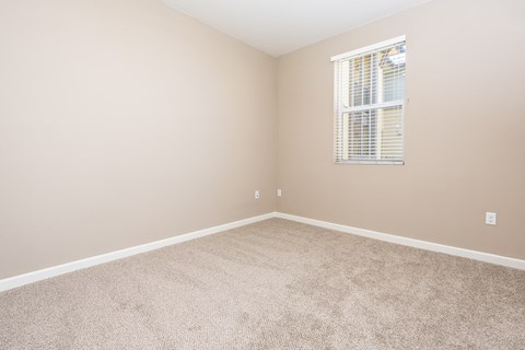 a bedroom with beige carpet and a window