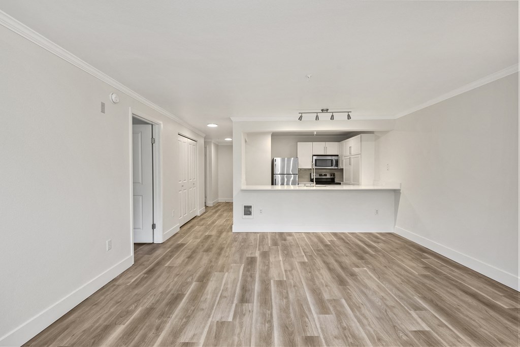 Living area with wood style flooring and kitchen in the background.