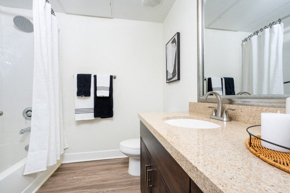 a bathroom with a sink and a shower and a toilet