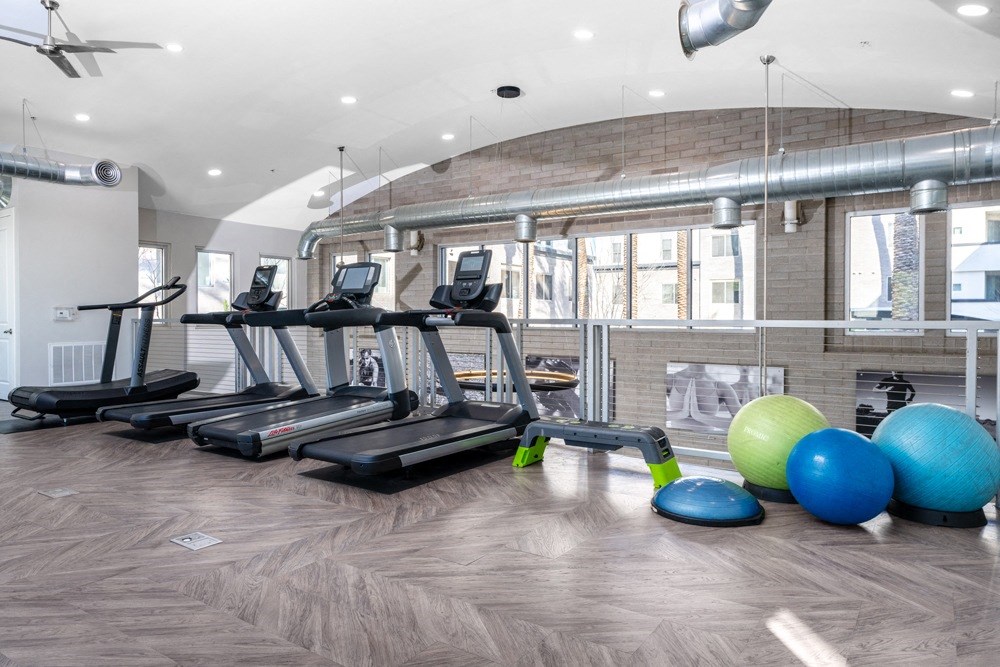 a gym with treadmills and exercise balls on the floor