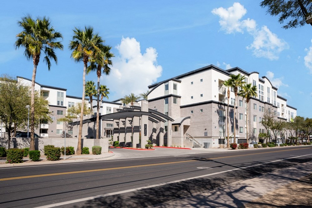 Apartments in Phoenix AZ - Level at Sixteenth - Street View of Tan and White Building Exterior with Surrounding Palm Trees and Landscaped Bushes
