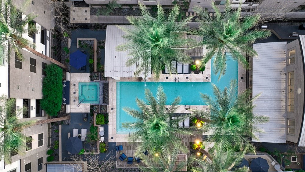 a building with a pool and palm trees