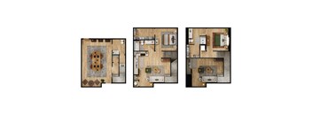 Three different layouts of a house with a kitchen, living room, and bathroom.