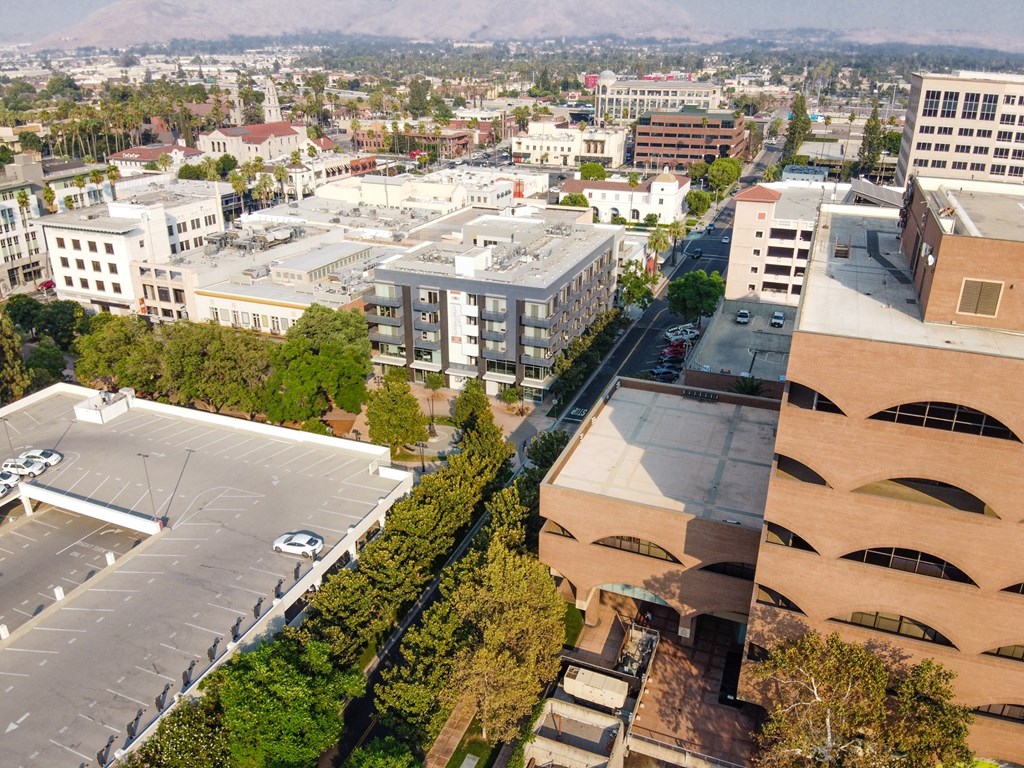 birds eye view of main and nine building and parking garage at Main+Nine, Riverside, CA