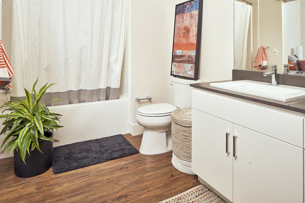 furnished bathroom at Main+Nine, Riverside, California