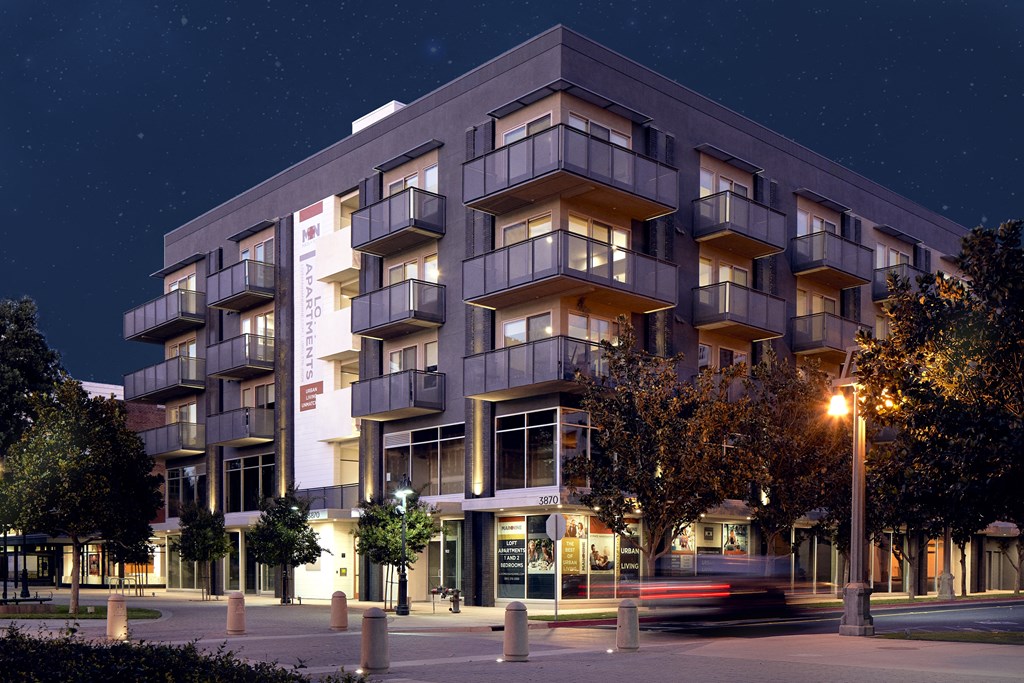 exterior of building at night at Main+Nine, California