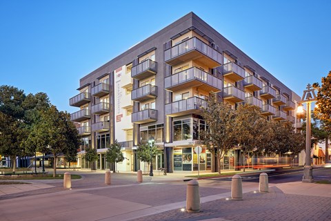 exterior  of building at dusk at Main+Nine, Riverside, CA, 92501