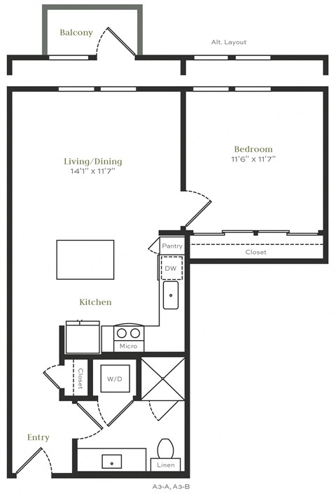A3 - 1 bed 1 bath - 670 sqft