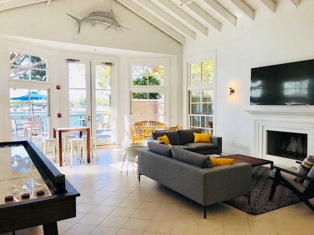 a living room with a couch and a fireplace